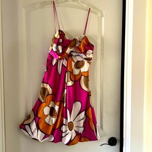 Strapless silk cache’ dress in vibrant pink and orange